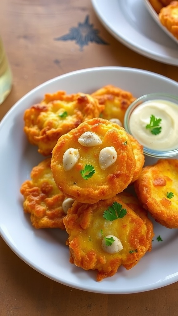 Crispy clam fritters on a plate with tartar sauce and parsley.